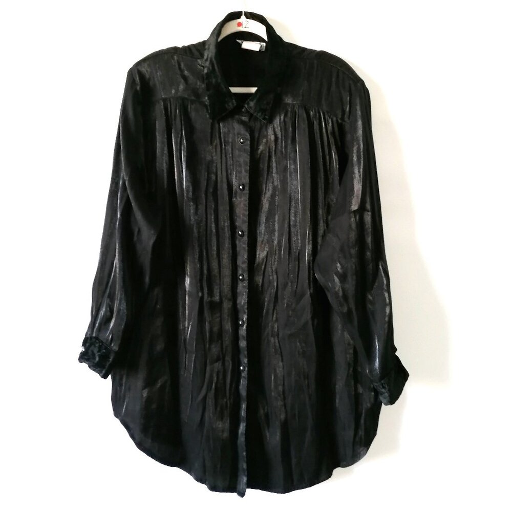 Dena Lauren Womens Black Collared Pleated Glitter Button Up Shirt Plus Size 2X